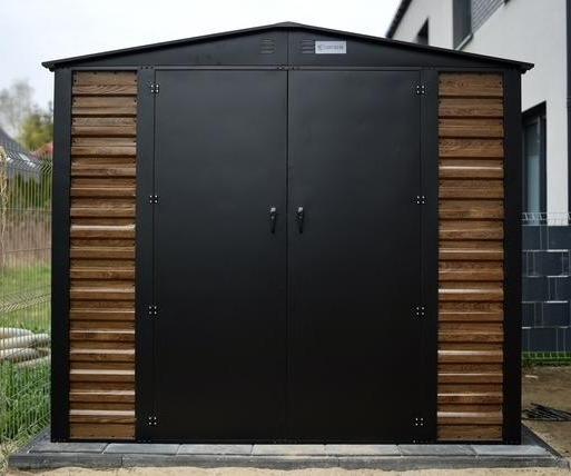 Wzmacniany domek narzędziowy metalowy Dettel Plus 240x240x205cm - drzwi na zawiasach - Wooden