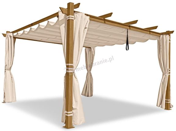 OUTLET - Pergola ogrodowa z materiałowym dachem i zasłonami Kirn 4x4 Aluminium - Cream Wood