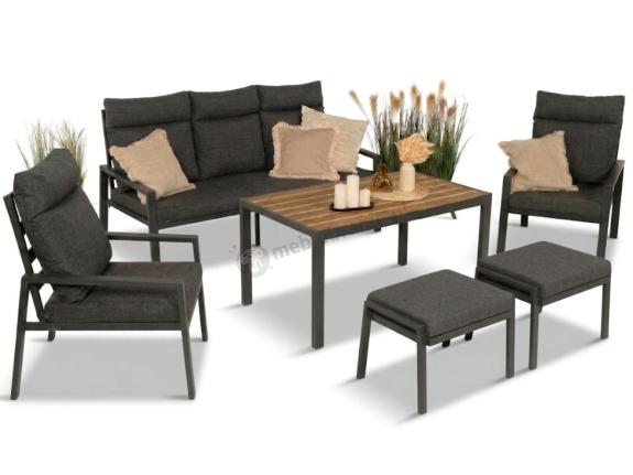 OUTLET - Grafitowy zestaw mebli metalowych na taras Doros Dining + pufy wysokie oparcie - Polywood Dark Grey