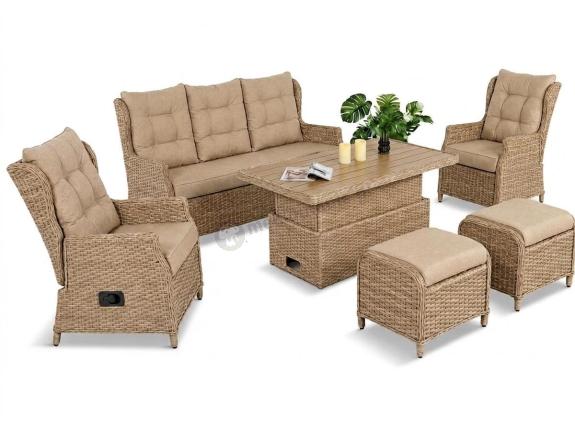 OUTLET - Meble technorattanowe z sofą 178cm, 2 fotelami z regulacją, 2 pufami i stołem podnoszonym Fiorento Dining - Beige Polywood